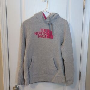 The North Face Heather Gray Hoodie with Vibrant Pink Logo